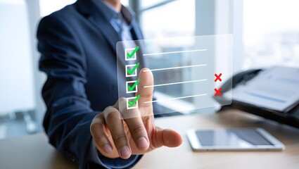Businessman showing online document validation icon, Concepts of practices and policies, company articles of association Terms and Conditions, regulations and legal advice, corporate policy.