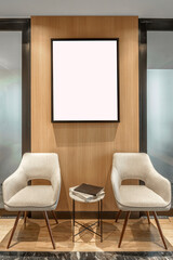 Blank vertical frame mockup in a modern waiting area with two beige chairs and a wood panel wall. Ideal for displaying art or posters.