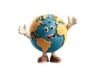 Happy earth globe cartoon character mascot friendly, Isolated On White, Transparent Background, Png