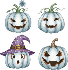 Cartoon pumpkins with expressive faces and decorations including witch hat, flower, curly stem, and scary jack-o'-lantern Halloween theme