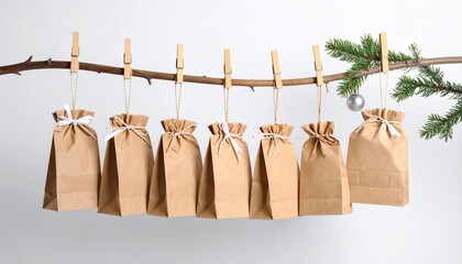 Rustic Christmas Gift Bags Hanging on a Branch