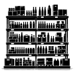 Obraz premium Black and White Vector Silhouette of Shelves Filled with Products