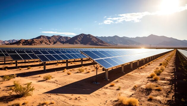 Solar panels array in a desert landscape under a vibrant blue sky