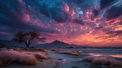 Barren landscape at night with pink glow and dramatic clouds