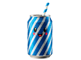 Cute blue soda can with straw and water droplets, Isolated On White, Transparent Background, Png
