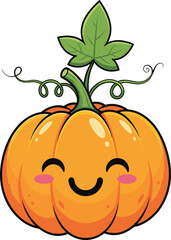 Cute cartoon pumpkin with smiling face, green stem and leaves, vector illustration for autumn, harvest, Halloween, and seasonal decor