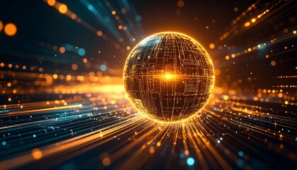 A glowing sphere, a digital orb, sits amidst a network of light trails and particles