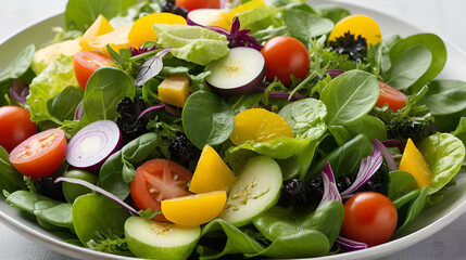 close up of a colorful tossed salad with various greens