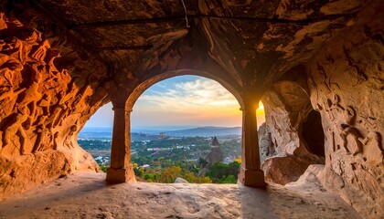 Cave opening onto a valley at sunset