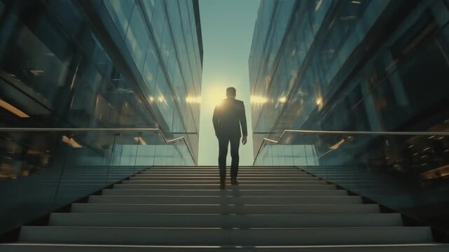 young businessman walking up the stairs in front of a modern office building. back view. 4K Video.