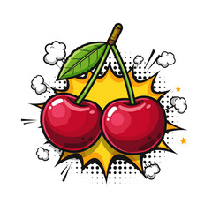 Colorful cherries with leaves in comic pop art style  