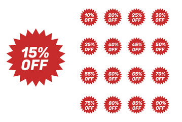 Discount Starburst Sale Tags - Percent Off, 90, 85, 80, 75, 70, 65, 60, 55, 50, 45, 40, 35, 30, 25, 20, 15, and 10% off