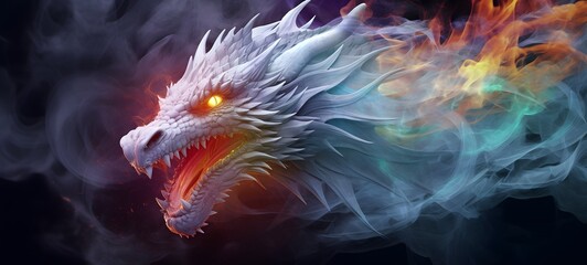 a light white dragon , coming out of the smoke, generative AI