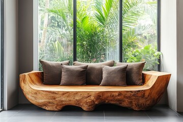 Handcrafted unique loveseat sofa made from tree trunk or tree root ball, positioned near a window. Minimalist home interior design for a modern living room, Generative AI