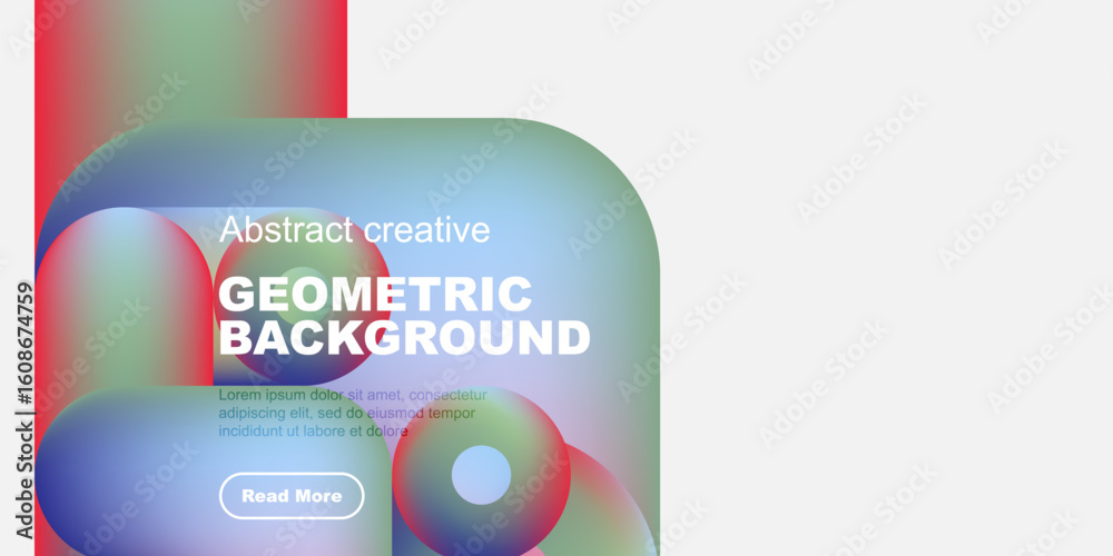 Poster abstract shapes overlap, creating vibrant colorful background. text promotes geometric design, inclu