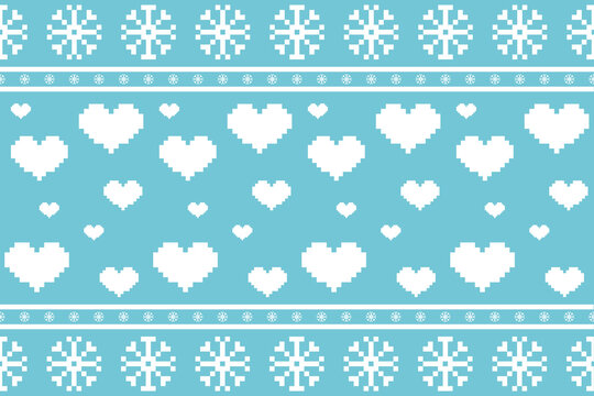 Adorable winter pixel pattern with white hearts and snowflakes on a soft blue background. Perfect for holiday textiles, kids' fabric, embroidery, gift wrap, and digital crafts.