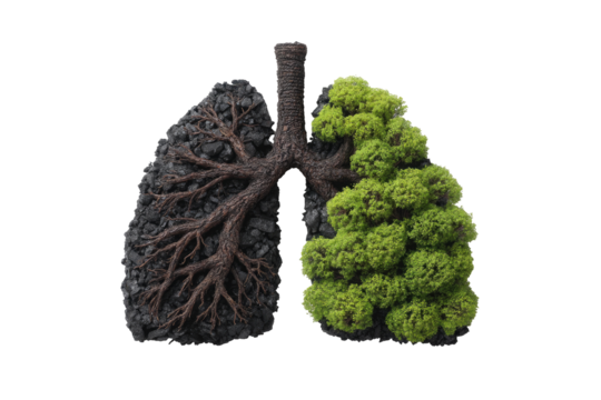 A split human lung, one side dark and root-like, the other lush green foliage, symbolizing polluted vs. clean air