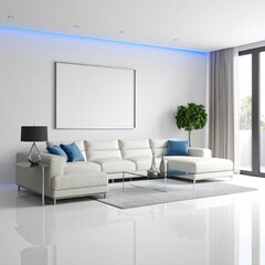 Modern Minimalist Living Room with Blue Accent Lighting and Blank Canvas