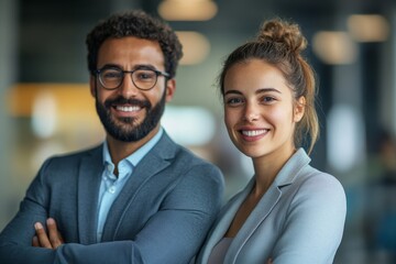 Fototapeta premium Two project managers overseeing operations in modern industrial factory, guiding the implementation of robotics and automation, Generative AI