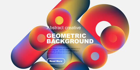 Colorful abstract shapes overlap, creating dynamic geometric background. Text promotes further exploration. Vivid gradients dominate composition.
