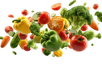 Assortment of fresh vegetables flying through the air isolated on transparent background.