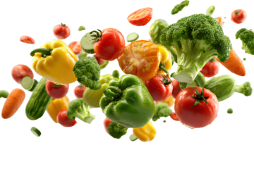 Assortment of fresh vegetables flying through the air isolated on transparent background.