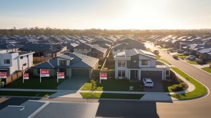 Sunny suburban homes sold in a lively neighborhood for real estate, property market, housing market insights, brochures, or online listings.