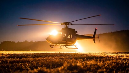 Fototapeta premium Helicopter night flight over field