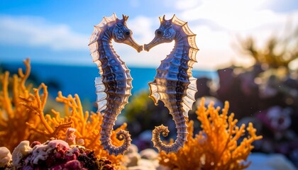 Two seahorses, a symbol of love and ocean wildlife, embrace amidst vibrant coral reefs under a radiant sunlit sky.