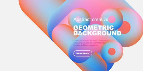 Vibrant abstract shapes overlap, creating dynamic colorful background. Text promotes creative geometric design, inviting further exploration.