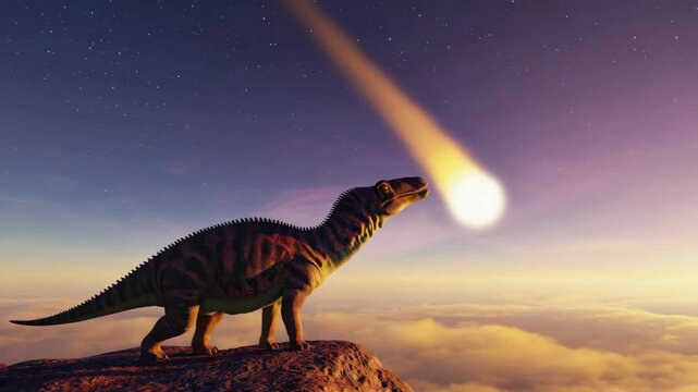 Dinosaur standing on rocky terrain staring at a blazing meteor approaching from the sky, representing extinction, prehistory, dramatic cosmic impact events, and the end of an ancient biological era.