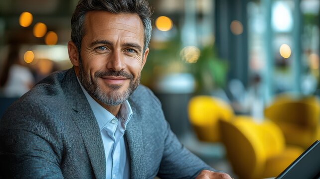 A smiling man in a suit working on a laptop in a modern caf? setting. - Powered by Adobe
