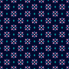 Cute small pink flowers pattern diamond shapes motif continuous classic blue background. Modern decoration ditsy floral fabric design textile swatch women's dress, men's shirt all over print block.	