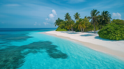 Fototapeta premium Tropical beach. Summer vacation on a tropical island with beautiful beach and palm trees. Tropical Maldives.