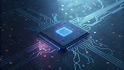 A high-detail close-up view of a central dark square microchip with glowing blue circuits