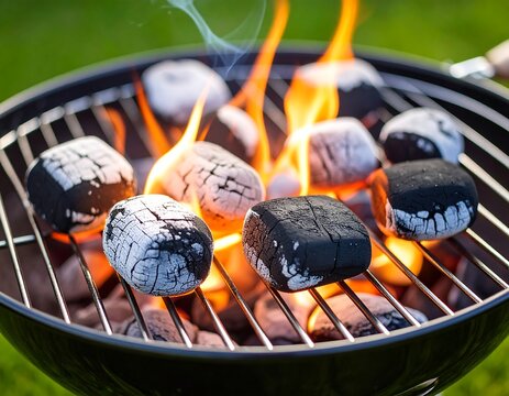 Charcoal briquettes burning on a grill (2)