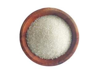White granulated sugar in a wooden bowl isolated on white background with clipping path. Top view.