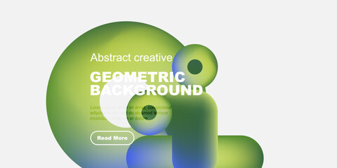 Abstract geometric background features vibrant green, blue hues. Text overlay promotes content with read more button. Minimalist design.