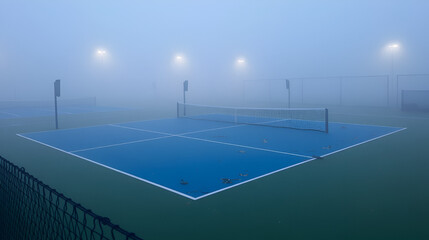 Blue tennis courts with damaged net on thick dense fog