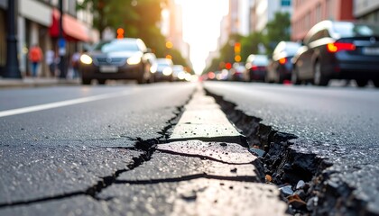 Cracked asphalt road with cityscape and cars with urban environment with sunlight.