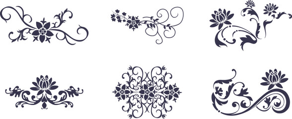 set of vector silhouettes of plants. Collection of tattoo designs ornaments and black silhouettes and bundle set.