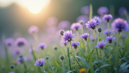 Tranquil Purple Flowers in a Sunlit Meadow