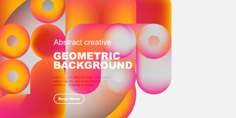 Vibrant geometric shapes overlap, creating colorful abstract background. Text promotes further exploration via button.