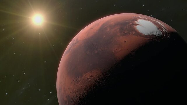 A stunning view of Sun rising over Mars the red planet. 3D planetary animation