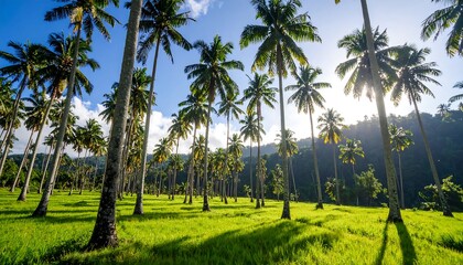 Obraz premium Palm trees line a vibrant green field under a clear sky