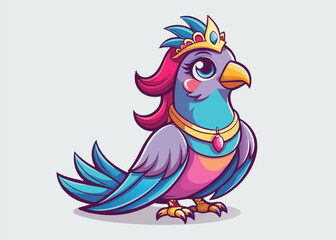 Glamorous Parrot Wearing Jeweled Tiara Clean Vector Art with Bold Outlines and Vivid Colors 