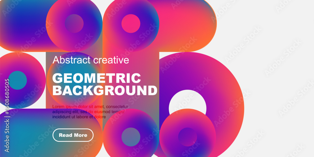 Poster vibrant circles overlap, creating dynamic geometric background. text block present with read more bu