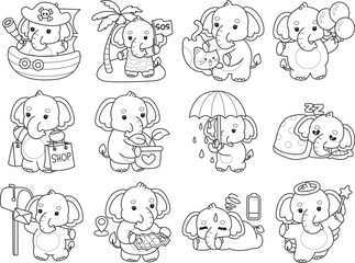 Obraz premium Cute Elephant icon. Funny baby Elephant animal series stock illustration. Life of fluffy Elephant designs. Coloring pages of Funny baby Elephant.