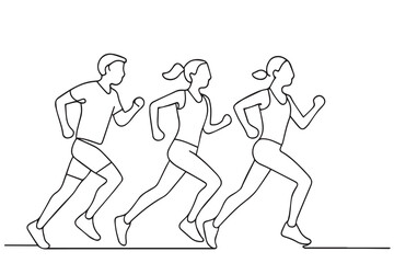 A stylized one line vector of three individuals running side by side, outlined in strong black lines, representing unity and movement in a minimalist sports event design.