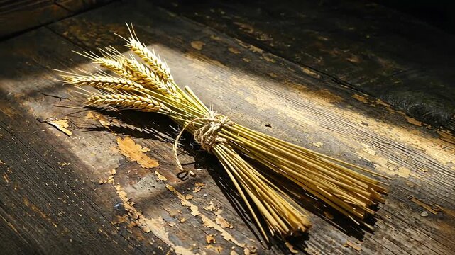 A bundle of golden wheat stalks tied with twine resting on a rustic wooden table, illuminated by sunlight
